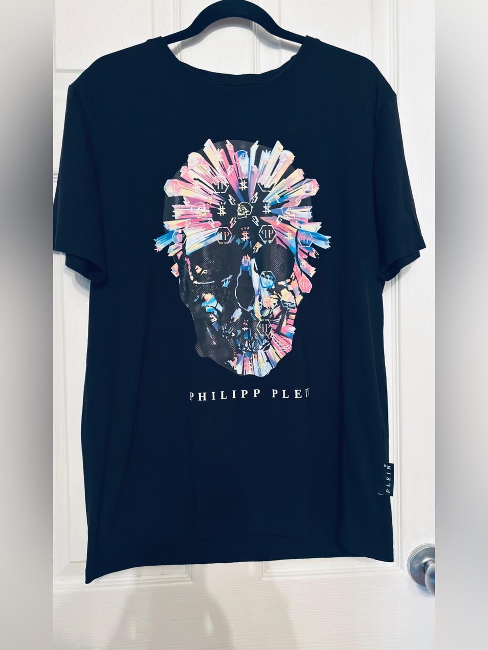 Philipp Plein Black Short-Sleeve Tee,  Multicolour Skull Print. Size XXL Unisex